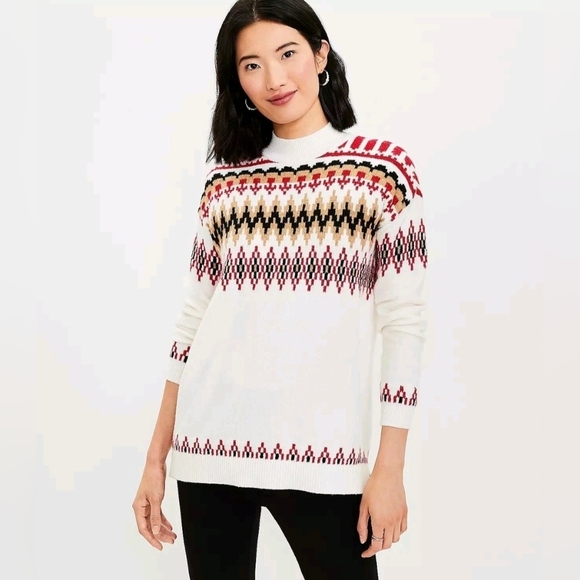 LOFT Sweaters - Ann Taylor LOFT Fair Isle Mock Neck Tunic Ski Sweater, size L, Whisper White